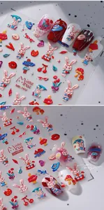 Detailed 5D embossed nail stickers featuring cute cartoon rabbits, mushrooms and strawberries