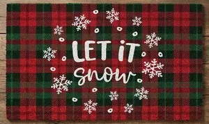 Detail of red and green buffalo plaid Christmas doormat with Let it Snow and snowflakes