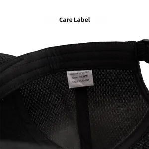 Detailed care label showing 100% polyester fabric and adjustable size for baseball cap