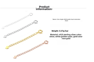 Detailed view of 5cm S925 sterling silver extender chains with heart charms in four colors