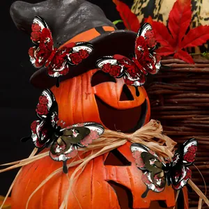 3D gothic butterfly wall stickers with skull and red rose motifs on pumpkin decor