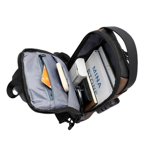 Business chest bag in black and brown featuring large capacity main storage and USB port