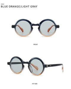 Dual view of retro round sunglasses with blue orange gradient frames and light gray lenses