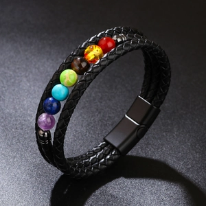 Men Braided PU Leather Bracelet With Natural Stone Beads And Stainless Steel Magnetic Clasp Multi Layer Fashion