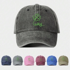 Washed Cotton Baseball Cap Vintage Four Leaf Clover Lucky Print Curved Brim Outdoor Sunshade Hat For Men Women