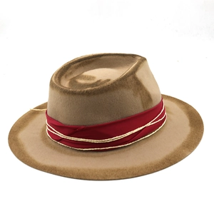 Khaki wool felt jazz hat with red ribbon and braided cord detail in a 45-degree view