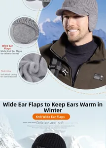 Detail of warm winter knit hat with thick plush lining and ear flaps for wind protection