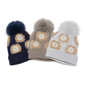 Bonnet en tricot pour enfants avec motif lion et pompon en fourrure en trois couleurs