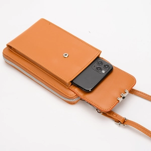 Brown leather crossbody phone bag with adjustable strap and silver zipper closure