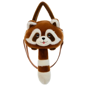 Detail of plush raccoon handbag showing soft long fur texture and striped tail