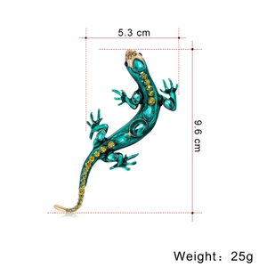 Broche lézard vintage en émail vert et strass colorés, hauteur de 9,6 cm