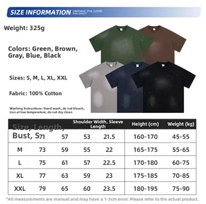 Tabla de tallas para camiseta de algodón de 325g con medidas y guía de cuidado de prendas