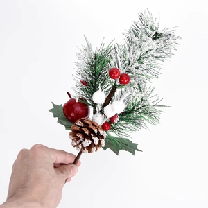Artificial Christmas Pine Branch Red Berries Pine Cone Snow Flocked Decorative Pick Holiday Ornament Home Party Decor