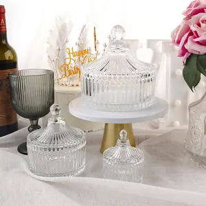 Three-piece set of European style ribbed glass storage jars with lids for candy or jewelry