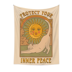 Bohemian cat tapestry with 'Protect Your Inner Peace' quote for retro wall decor
