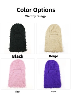 Distressed knit balaclava in black, beige, pink, and purple colors for winter warmth