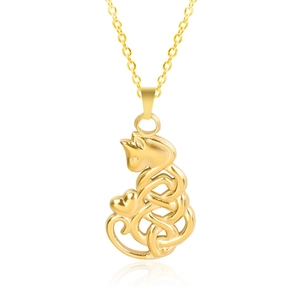 Macro detail of 18k gold plated cat Celtic knot pendant with small heart on a white base
