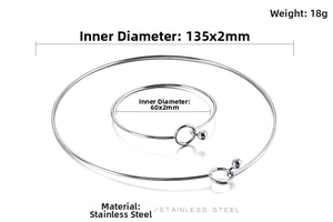 Polished silver stainless steel jewelry set featuring minimalist choker and cuff bracelet