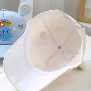 Detail showing breathable mesh lining and cute cartoon octopus embroidery on toddler caps