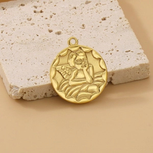 Golden round stainless steel angel relief coin pendant for DIY jewelry making and crafts
