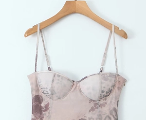 Detail of floral and animal print mesh satin camisole top with supportive cups