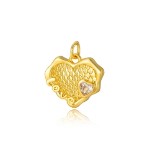 Golden heart pendant with LOVE engraving and heart-shaped zircon on white background