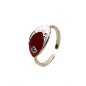 Minimalist gold adjustable ring featuring a red and white enamel evil eye with zircon