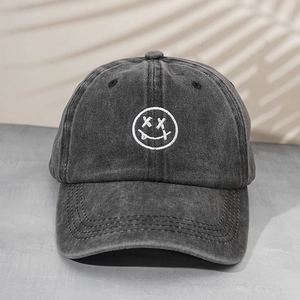 Washed Polyester Baseball Cap Embroidered Smiley Face Tongue Out XX Eyes Vintage Distressed Sun Hat For Men Women