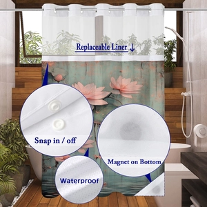 Detail of waterproof lotus shower curtain with snap-in liner and weighted bottom magnets
