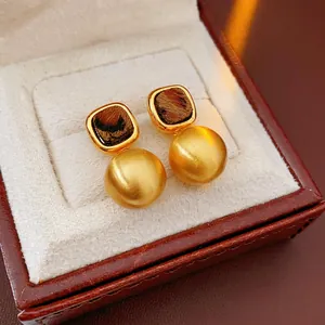 French Retro Drop Earrings Brushed Matte Copper With Leopard Print Square Top Round Ball Silver Earring Post For Women