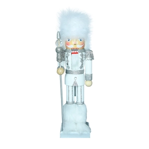 35cm White and Silver Nutcracker Soldier with Glitter and Faux Fur on White Background