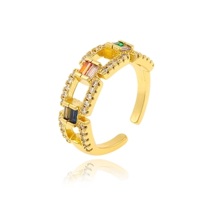 Detailed macro view of 18K gold plated ring with colorful zircon stones and open band
