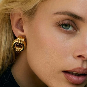 Chunky Geometric Hoop Earrings Stainless Steel Ridged 18K Gold Plated Retro Luxury Fashion Style For Women