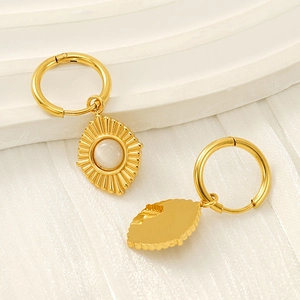 18K gold plated stainless steel sunburst earrings with cat eye stone in a retro style