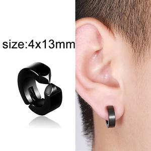 Black non-piercing clip-on hoop earrings with 4x13mm size display for men and women