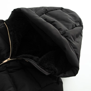 Women's slim black padded cotton jacket with hooded faux shearling lining and belt