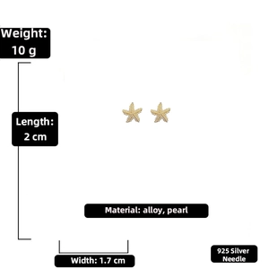 Detailed view of starfish pearl earrings with 925 silver needles and measurements