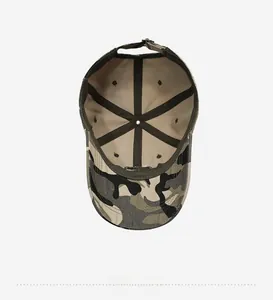 Detail view of the camouflage baseball cap interior with reinforced seams and metal buckle