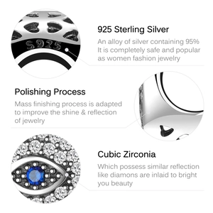 Macro shot of S925 sterling silver evil eye bead with blue cubic zirconia and S925 hallmark