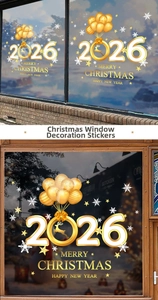 Close-up of golden 2026 balloon stickers with snowflakes for Christmas window decor