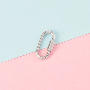 Detailed view of silver stainless steel screw shackle on dual-tone pastel background