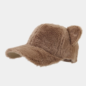 Brown fuzzy baseball cap with cute plush bear ears for winter, stylish velvet hat for women