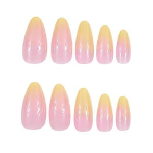 Long almond press-on nails with sweet pink and yellow gradient and glossy finish