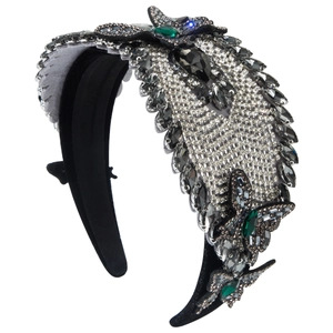 Luxury black velvet headband with emerald green crystal butterflies and rhinestones