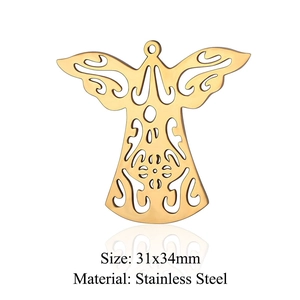 Detailed close-up of golden stainless steel cupid angel pendant with hollow wing design