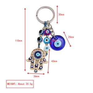 Detailed size specifications for the Evil Eye Hamsa Hand keychain with measurements