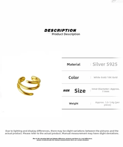 Technical drawing of S925 sterling silver triple-layer spiral gold ear cuff with 11mm diameter