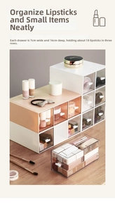Close-up of modular desk organizer drawer with 7cm width and 18 lipstick capacity