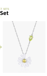 Detailed view of S925 silver daisy necklace with yellow gem and green drop pendant