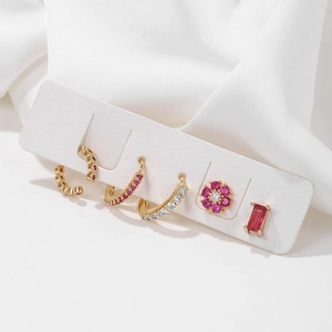 Five-piece floral stud earring set with gold plating and pink zirconia stones